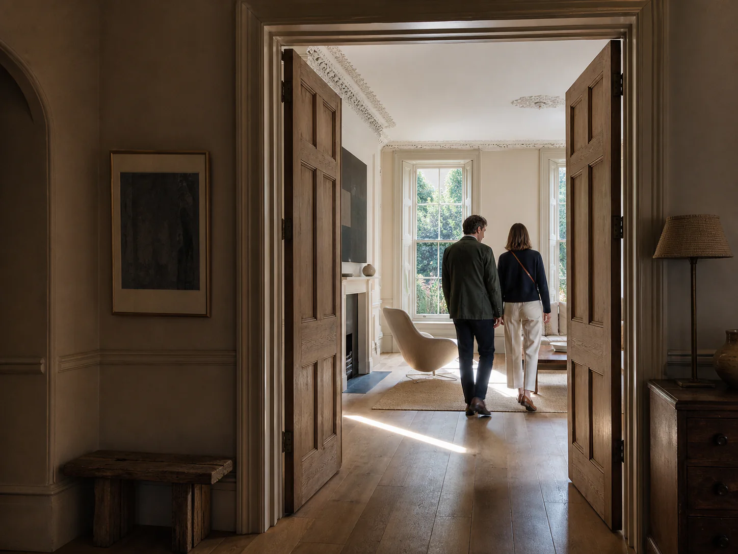 An estate agent leading a prospective buyer into a period London reception room